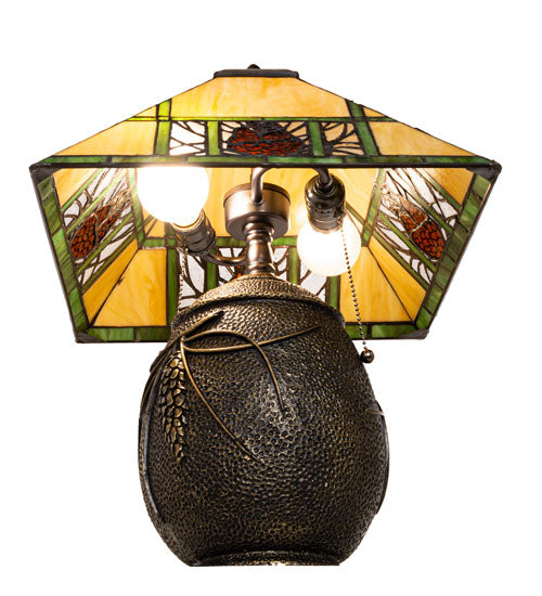 Meyda Lighting Pinecone Ridge 20" 2-Light Mahogany Bronze Table Lamp With Multi-Colored Stained Shade Glass
