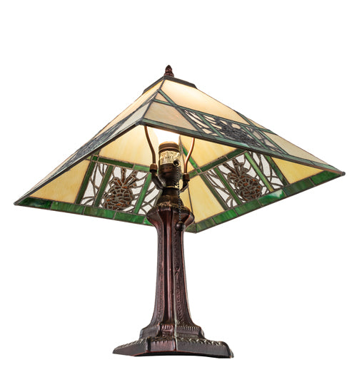 Meyda Lighting Pinecone Ridge 20" Mahogany Bronze Table Lamp With Multi-Colored Stained Shade Glass