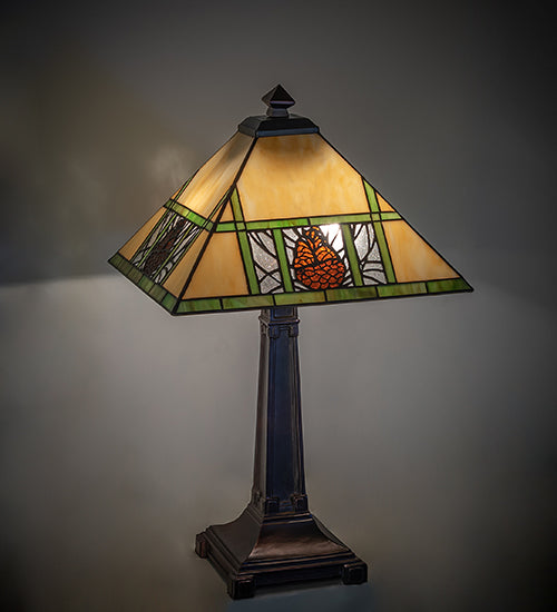 Meyda Lighting Pinecone Ridge 24" 2-Light Mahogany Bronze Table Lamp With Multi-Colored Shade Glass