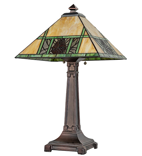 Meyda Lighting Pinecone Ridge 24" 2-Light Mahogany Bronze Table Lamp With Multi-Colored Shade Glass