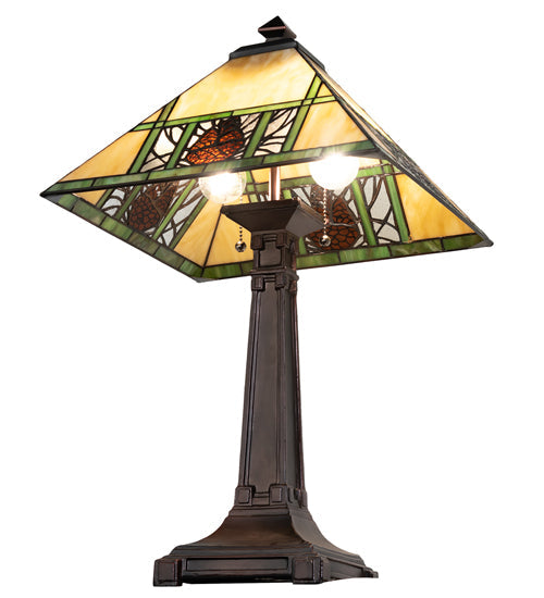 Meyda Lighting Pinecone Ridge 24" 2-Light Mahogany Bronze Table Lamp With Multi-Colored Shade Glass
