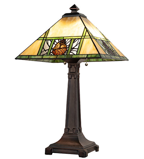 Meyda Lighting Pinecone Ridge 24" 2-Light Mahogany Bronze Table Lamp With Multi-Colored Shade Glass