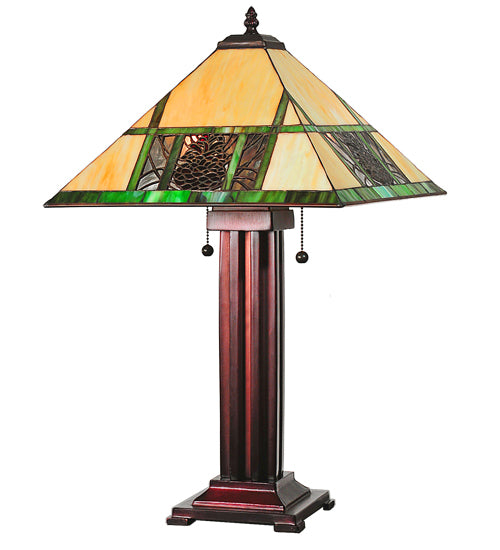 Meyda Lighting Pinecone Ridge 24" 2-Light Mahogany Bronze Table Lamp With Multi-Colored Stained Shade Glass