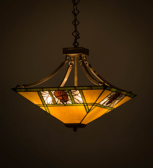 Meyda Lighting Pinecone Ridge 24" 4-Light Antique Brass Inverted Pendant Light With Multi-Colored Shade Glass