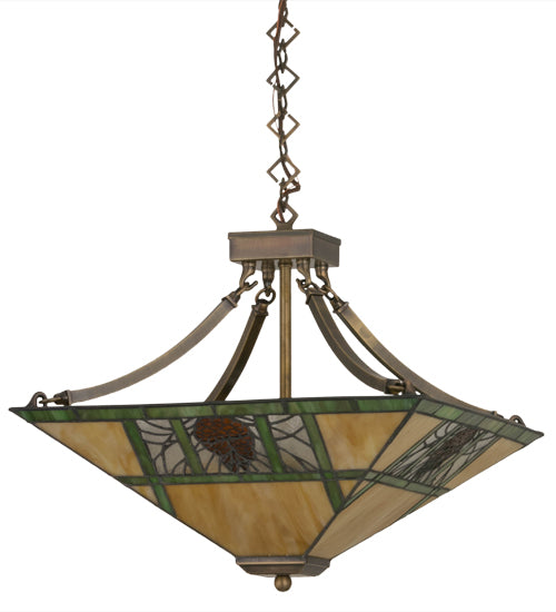 Meyda Lighting Pinecone Ridge 24" 4-Light Antique Brass Inverted Pendant Light With Multi-Colored Shade Glass