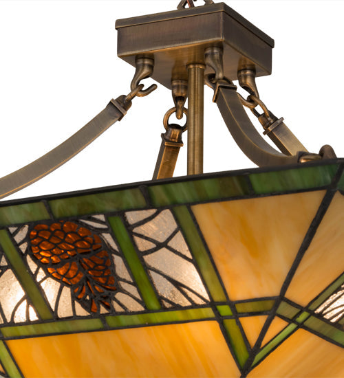 Meyda Lighting Pinecone Ridge 24" 4-Light Antique Brass Inverted Pendant Light With Multi-Colored Shade Glass