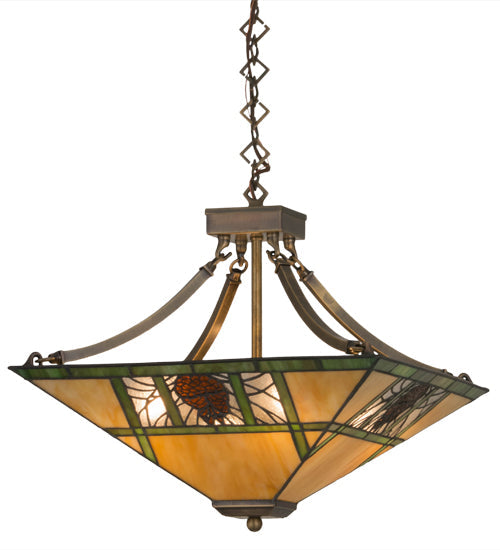 Meyda Lighting Pinecone Ridge 24" 4-Light Antique Brass Inverted Pendant Light With Multi-Colored Shade Glass