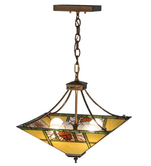 Meyda Lighting Pinecone Ridge 24" 4-Light Antique Copper Inverted Pendant Light With Multi-Colored Shade Glass