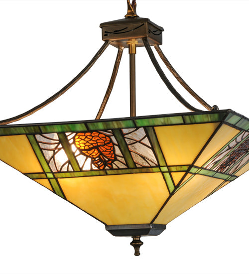Meyda Lighting Pinecone Ridge 24" 4-Light Antique Copper Inverted Pendant Light With Multi-Colored Shade Glass