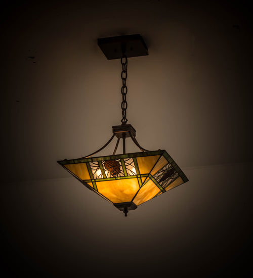 Meyda Lighting Pinecone Ridge 24" 4-Light Mahogany Bronze Inverted Pendant Light With Multi-Colored Shade Glass