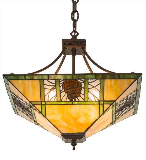 Meyda Lighting Pinecone Ridge 24" 4-Light Mahogany Bronze Inverted Pendant Light With Multi-Colored Shade Glass
