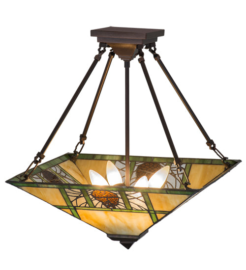 Meyda Lighting Pinecone Ridge 24" 4-Light Mahogany Bronze Semi-flush Mount Light With Multi-Colored Shade Glass