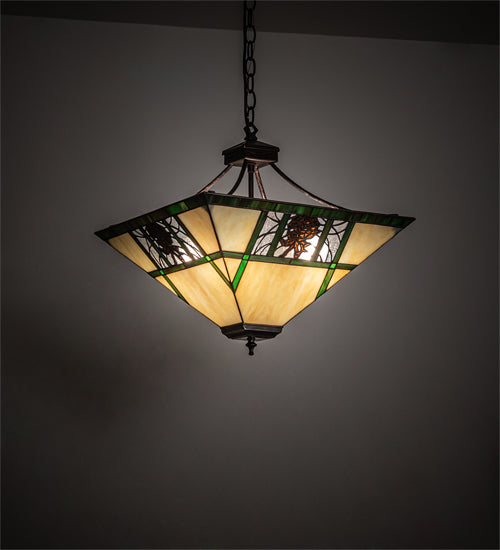 Meyda Lighting Pinecone Ridge 25" 4-Light Mahogany Bronze Inverted Pendant Light With Multi-Colored Shade Glass