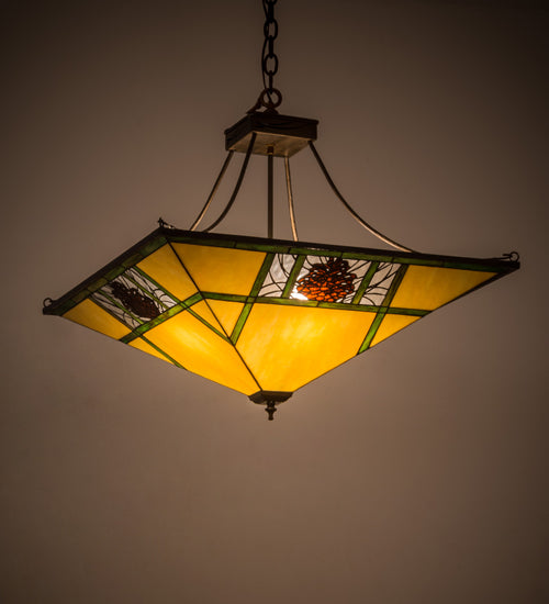 Meyda Lighting Pinecone Ridge 37" 4-Light Antique Copper Inverted Pendant Light With Multi-Colored Shade Glass
