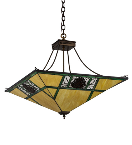 Meyda Lighting Pinecone Ridge 37" 4-Light Antique Copper Inverted Pendant Light With Multi-Colored Shade Glass