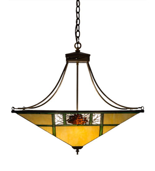 Meyda Lighting Pinecone Ridge 37" 4-Light Antique Copper Inverted Pendant Light With Multi-Colored Shade Glass