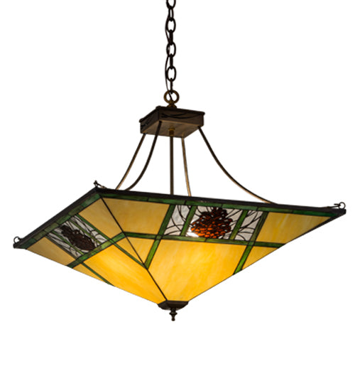 Meyda Lighting Pinecone Ridge 37" 4-Light Antique Copper Inverted Pendant Light With Multi-Colored Shade Glass