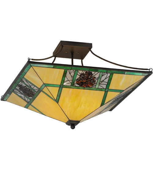 Meyda Lighting Pinecone Ridge 37" 4-Light Oil Rubbed Bronze Semi-flush Mount Ceiling Light With Multi-Colored Shade Glass