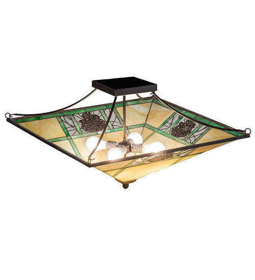 Meyda Lighting Pinecone Ridge 37" 4-Light Oil Rubbed Bronze Semi-flush Mount Light With Multi-Colored Shade Glass