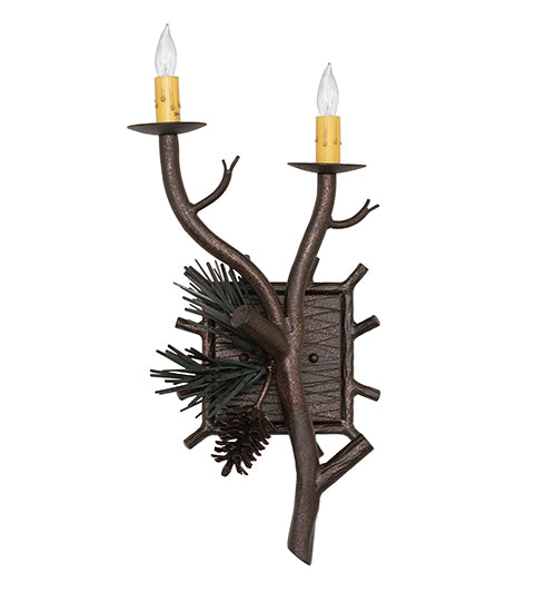 Meyda Lighting Pinewood 10" 2-Light Copper Rust & Olive Green Left Wall Sconce With Ivory Faux Candlelight