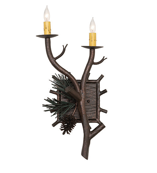 Meyda Lighting Pinewood 10" 2-Light Copper Rust & Olive Green Left Wall Sconce With Ivory Faux Candlelight