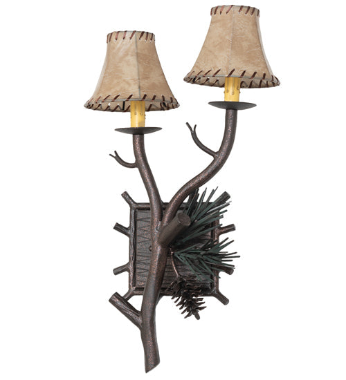 Meyda Lighting Pinewood 12" 2-Light Copper Rust & Olive Green Right Wall Sconce With Beige Faux Rawhide Shade