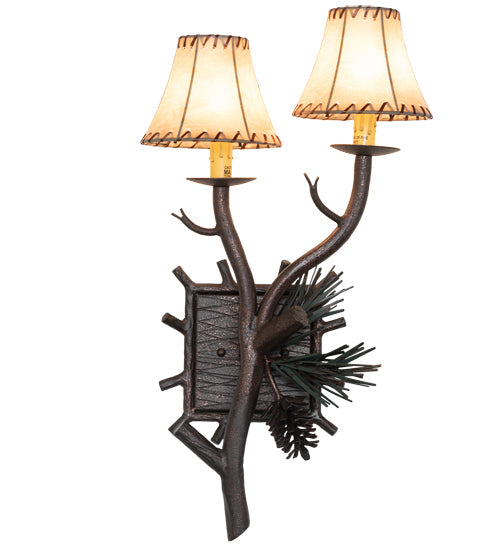 Meyda Lighting Pinewood 12" 2-Light Copper Rust & Olive Green Right Wall Sconce With Beige Faux Rawhide Shade