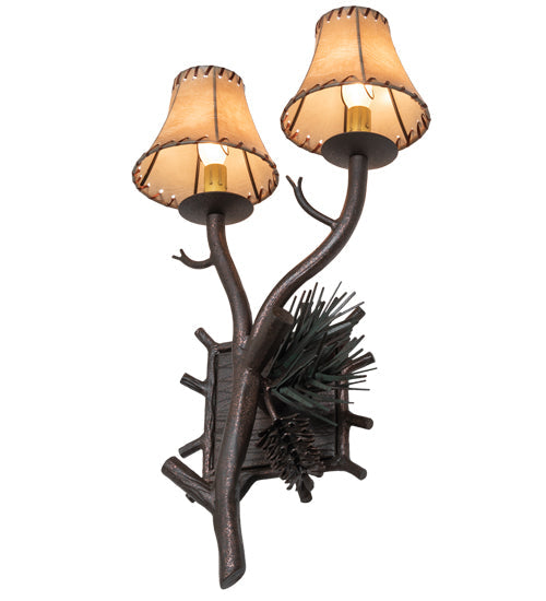 Meyda Lighting Pinewood 12" 2-Light Copper Rust & Olive Green Right Wall Sconce With Beige Faux Rawhide Shade