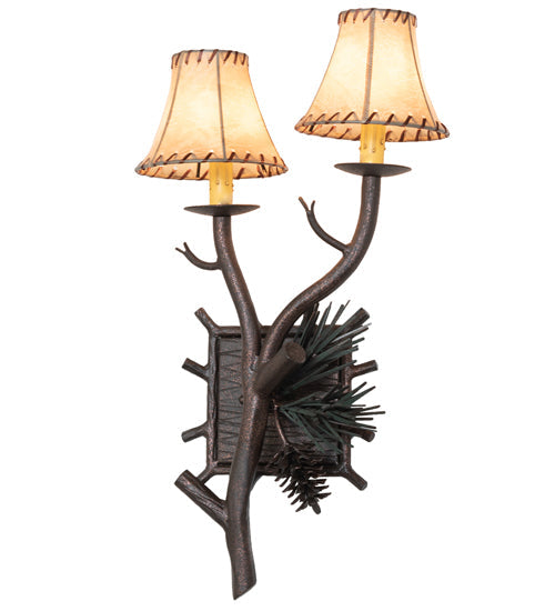 Meyda Lighting Pinewood 12" 2-Light Copper Rust & Olive Green Right Wall Sconce With Beige Faux Rawhide Shade