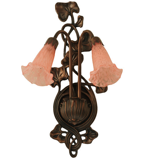 Meyda Lighting Pink Pond Lily 11" 2-Light Mahogany Bronze Wall Sconce With Pink Shade Glass