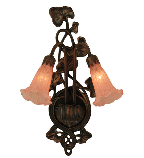 Meyda Lighting Pink Pond Lily 11" 2-Light Mahogany Bronze Wall Sconce With Pink Shade Glass
