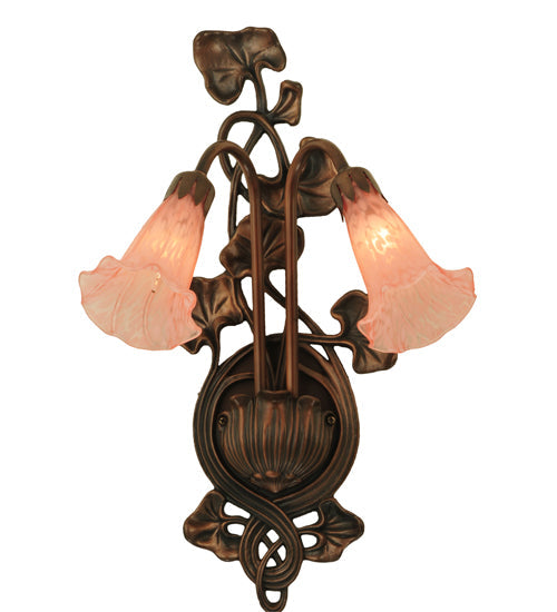Meyda Lighting Pink Pond Lily 11" 2-Light Mahogany Bronze Wall Sconce With Pink Shade Glass