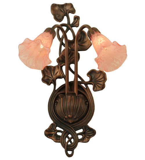 Meyda Lighting Pink Pond Lily 11" 2-Light Mahogany Bronze Wall Sconce With Pink Shade Glass