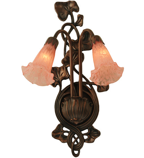 Meyda Lighting Pink Pond Lily 11" 2-Light Mahogany Bronze Wall Sconce With Pink Shade Glass