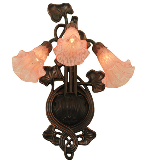 Meyda Lighting Pink Pond Lily 11" 3-Light Mahogany Bronze Wall Sconce With Pink Shade Glass