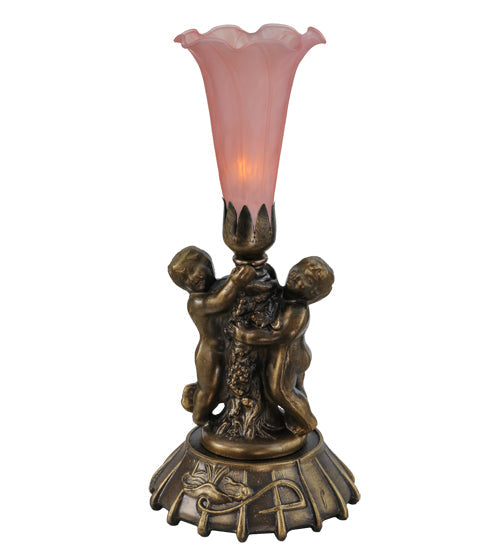 Meyda Lighting Pink Pond Lily 12" Mahogany Bronze Twin Cherub Mini Table Lamp With Pink Shade Glass