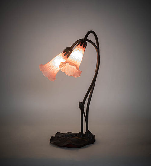 Meyda Lighting Pink Pond Lily 16" 2-Light Mahogany Bronze Accent Table Lamp With Pink Shade Glass