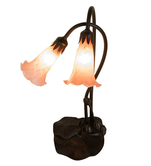 Meyda Lighting Pink Pond Lily 16" 2-Light Mahogany Bronze Accent Table Lamp With Pink Shade Glass