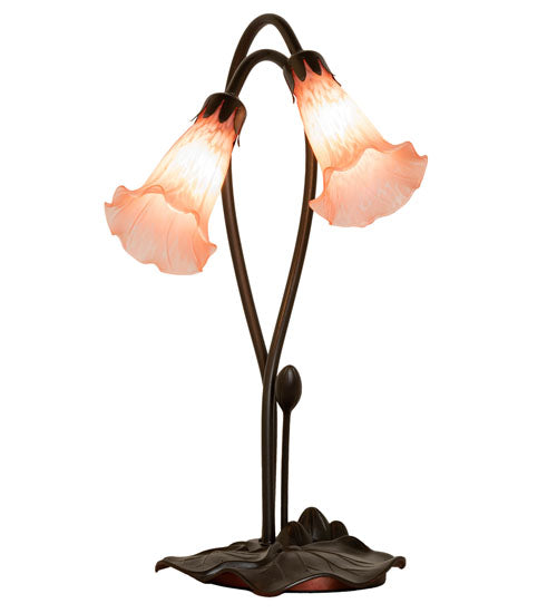 Meyda Lighting Pink Pond Lily 16" 2-Light Mahogany Bronze Accent Table Lamp With Pink Shade Glass