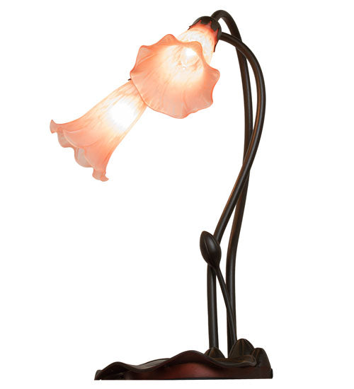 Meyda Lighting Pink Pond Lily 16" 2-Light Mahogany Bronze Accent Table Lamp With Pink Shade Glass