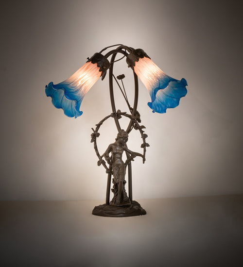 Meyda Lighting Pink Pond Lily 17" 2-Light Mahogany Bronze Trellis Girl Table Lamp With Pink & Blue Shade Glass