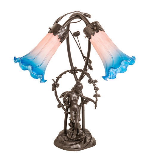 Meyda Lighting Pink Pond Lily 17" 2-Light Mahogany Bronze Trellis Girl Table Lamp With Pink & Blue Shade Glass