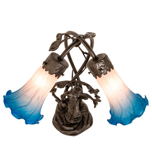 Meyda Lighting Pink Pond Lily 17" 2-Light Mahogany Bronze Trellis Girl Table Lamp With Pink & Blue Shade Glass