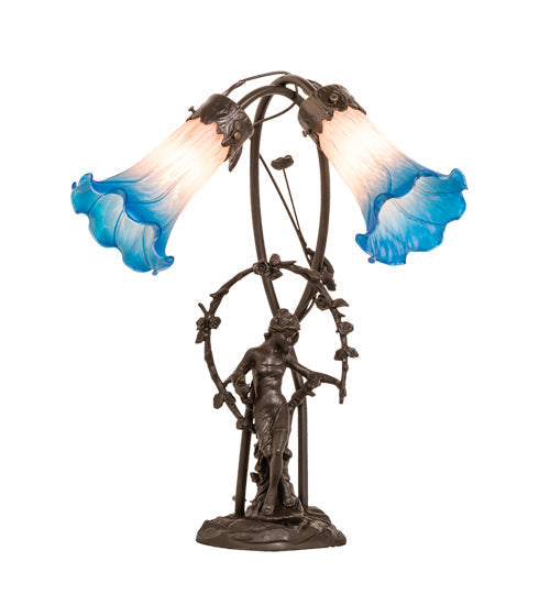 Meyda Lighting Pink Pond Lily 17" 2-Light Mahogany Bronze Trellis Girl Table Lamp With Pink & Blue Shade Glass