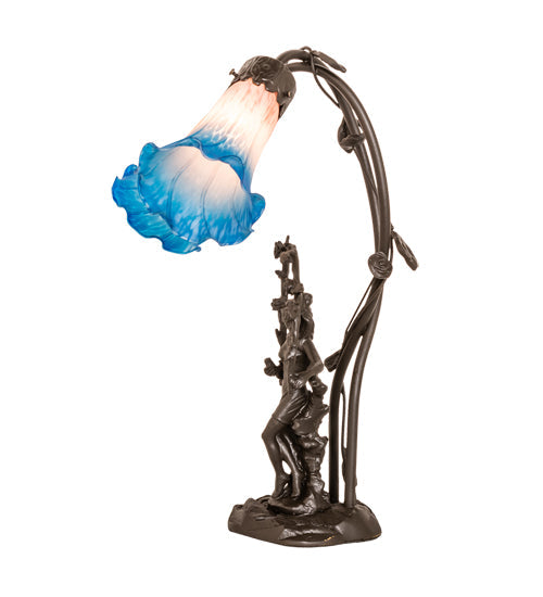 Meyda Lighting Pink Pond Lily 17" 2-Light Mahogany Bronze Trellis Girl Table Lamp With Pink & Blue Shade Glass