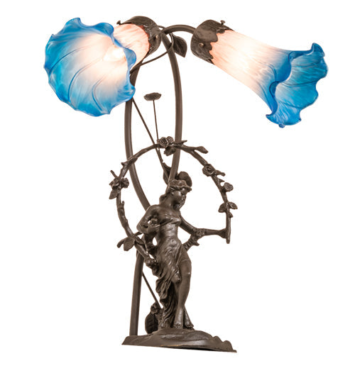 Meyda Lighting Pink Pond Lily 17" 2-Light Mahogany Bronze Trellis Girl Table Lamp With Pink & Blue Shade Glass