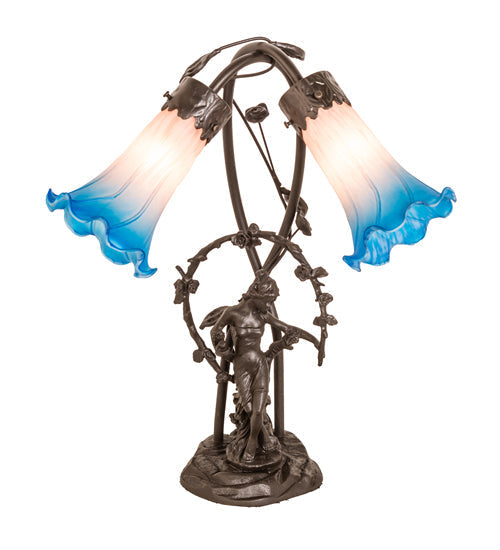 Meyda Lighting Pink Pond Lily 17" 2-Light Mahogany Bronze Trellis Girl Table Lamp With Pink & Blue Shade Glass