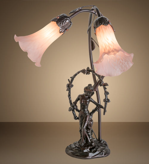 Meyda Lighting Pink Pond Lily 17" 2-Light Mahogany Bronze Trellis Girl Table Lamp With Pink Shade Glass