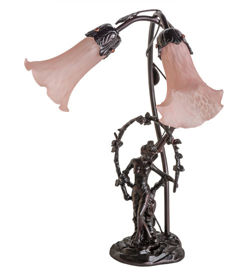 Meyda Lighting Pink Pond Lily 17" 2-Light Mahogany Bronze Trellis Girl Table Lamp With Pink Shade Glass