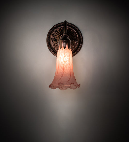 Meyda Lighting Pink Pond Lily 5" Mahogany Bronze Victorian Wall Sconce With Pink Shade Glass